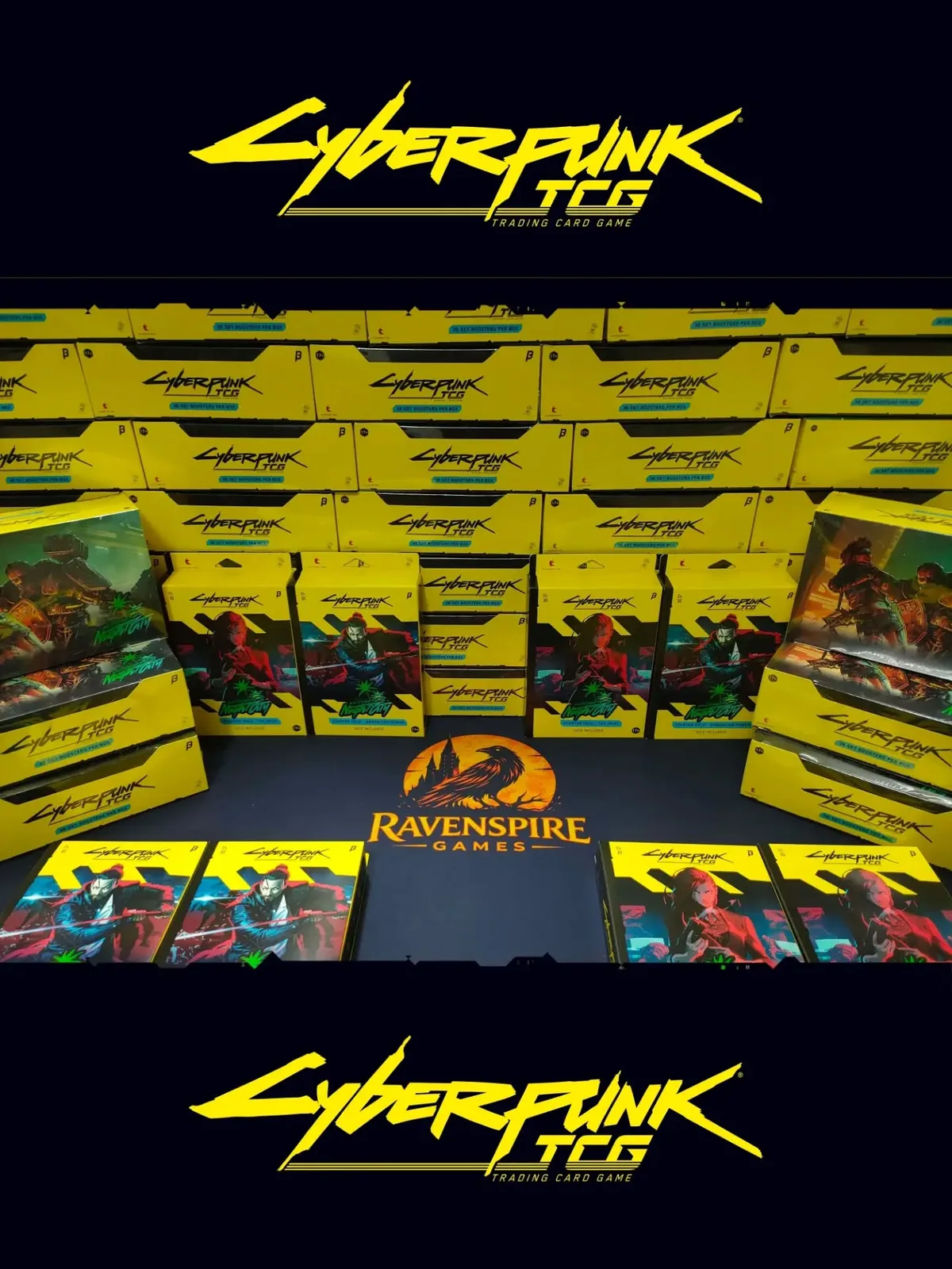 Complete Cyberpunk TCG product range displayed across a Ravenspire Games playmat