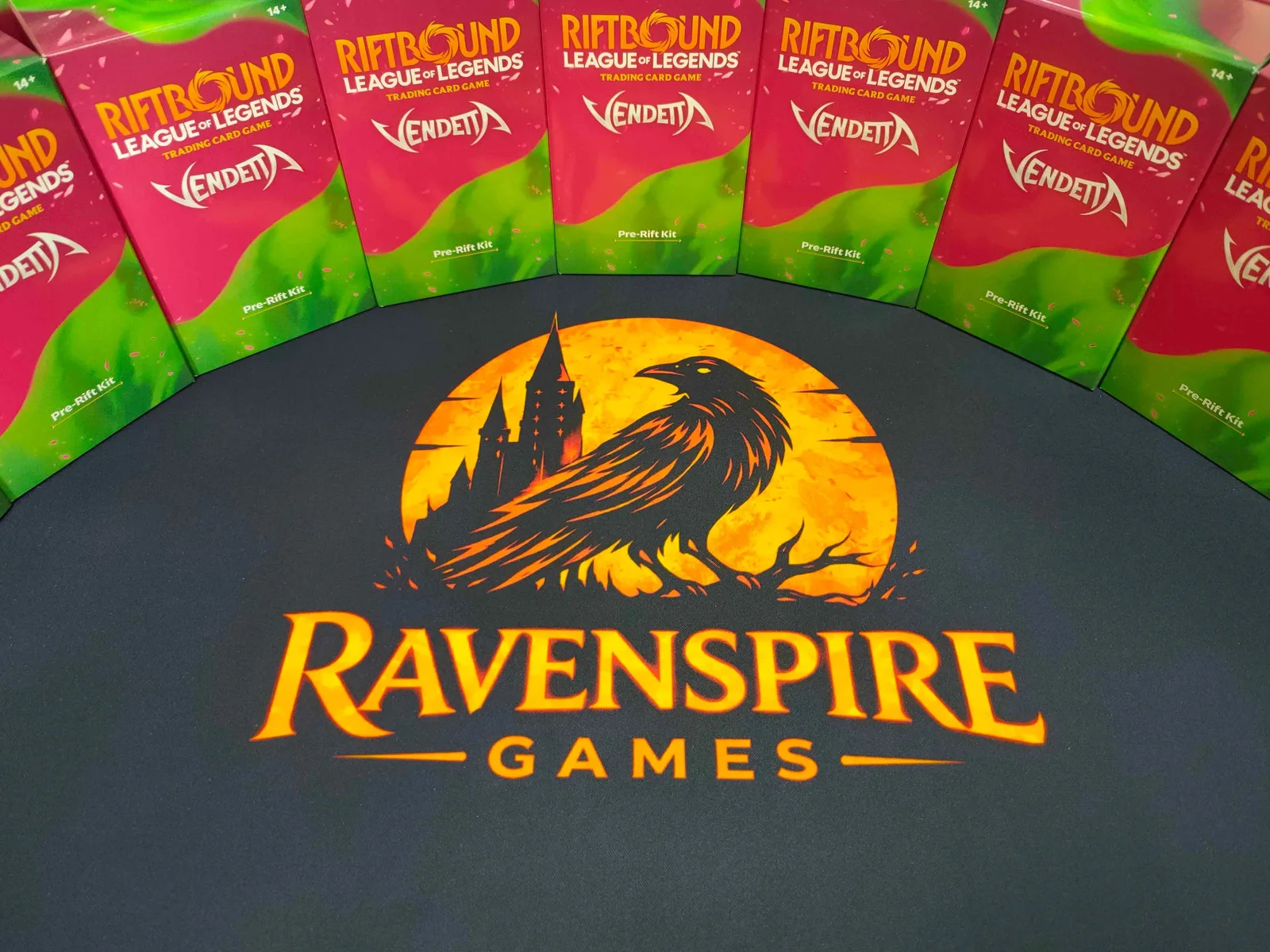 Riftbound Vendetta Pre-Rift Kits displayed across Ravenspire Games table